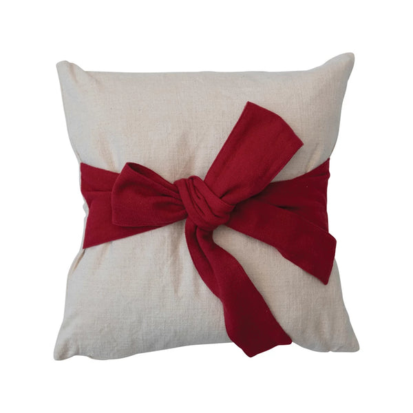 18" Hand-Woven Pillow w/ Bow, Cream Color & Red