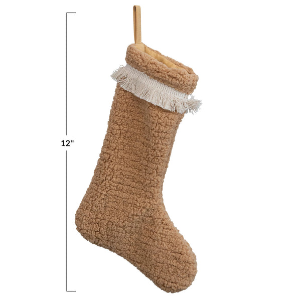 Faux Shearling Stocking w/ Fringe, Cream & Camel Color