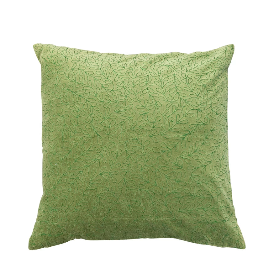 20" Velvet Pillow w/ Embroidery, Green