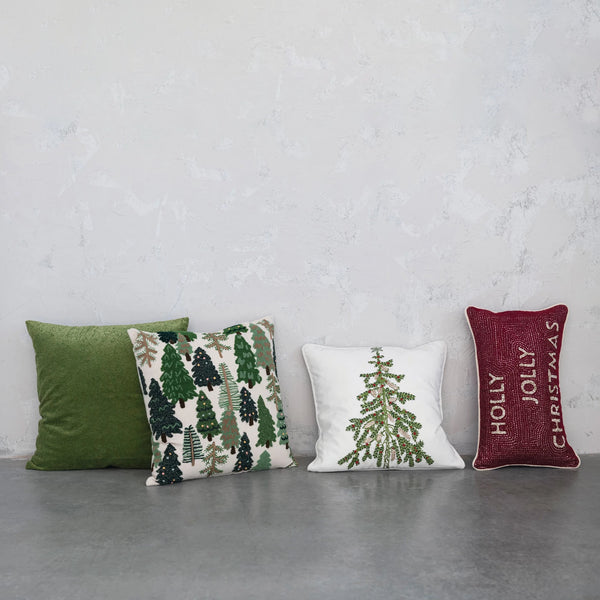 20" Velvet Pillow w/ Embroidery, Green