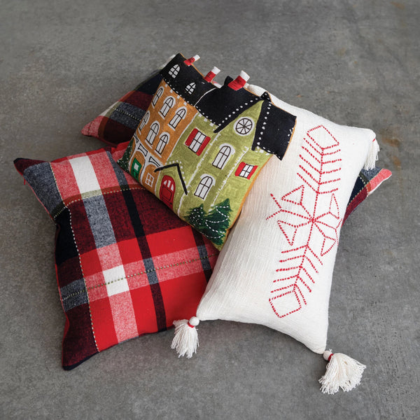 Lumbar Pillow w/ Embroidery & Tassels, White & Red