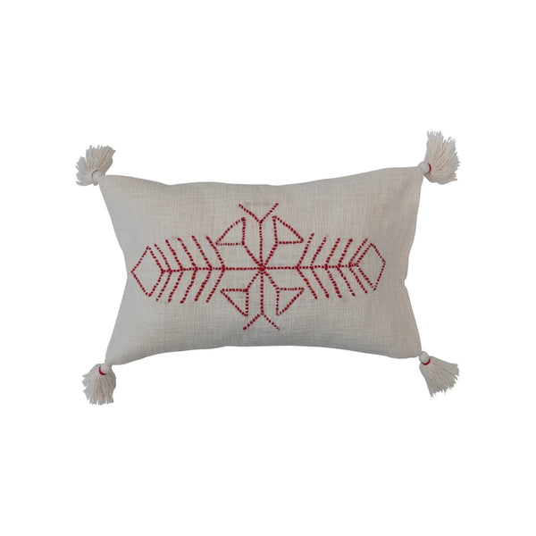Lumbar Pillow w/ Embroidery & Tassels, White & Red
