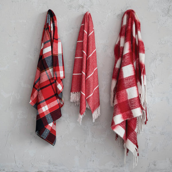 Cotton Flannel Throw w/ Stripes & Fringe, Red & White