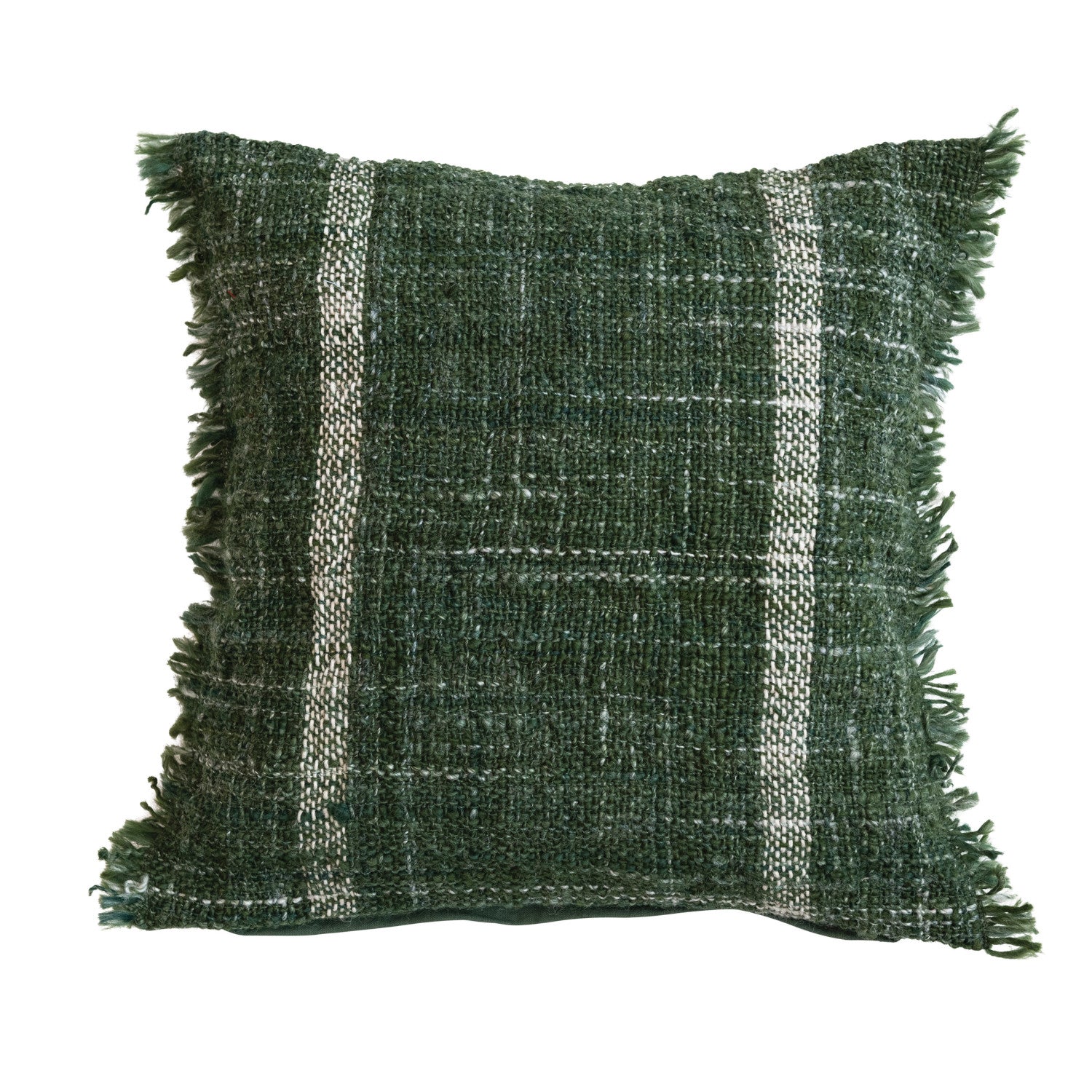 Wool Blend Pillow w/ Stripes & Fringe, Green