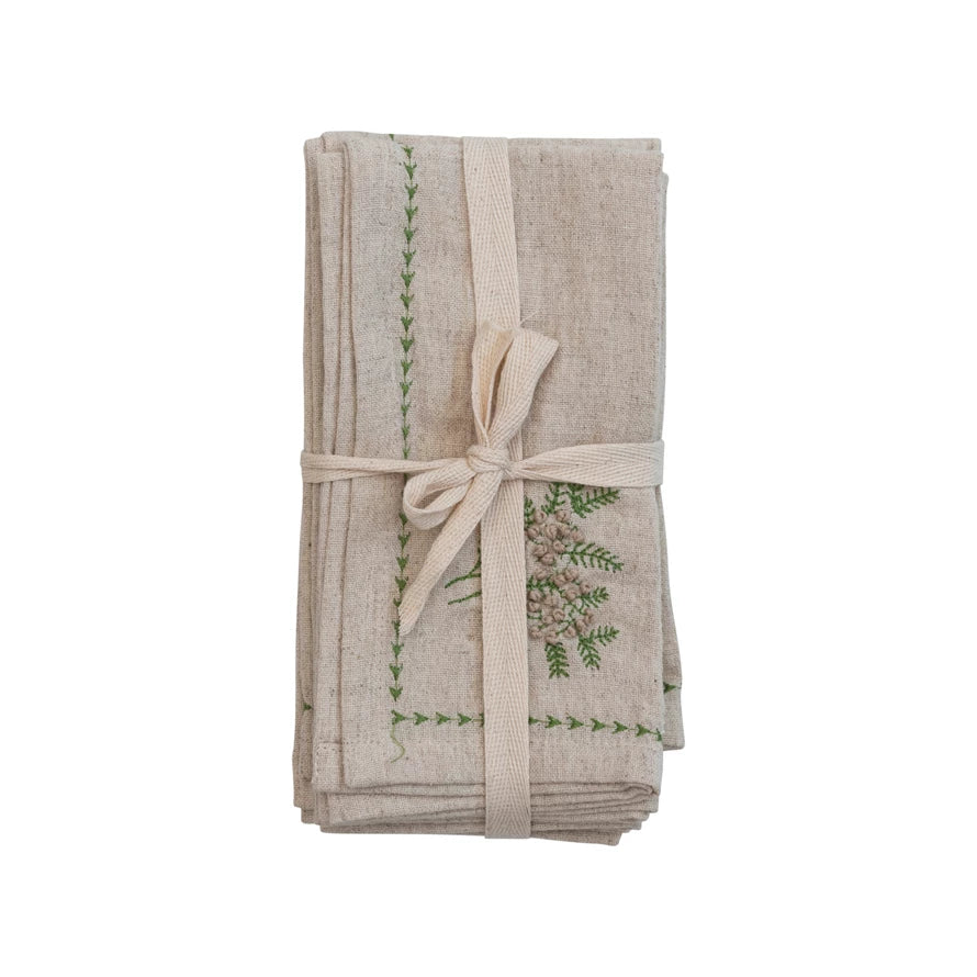 Napkins w/ Botanical Embroidery & French Knots | Set of 4