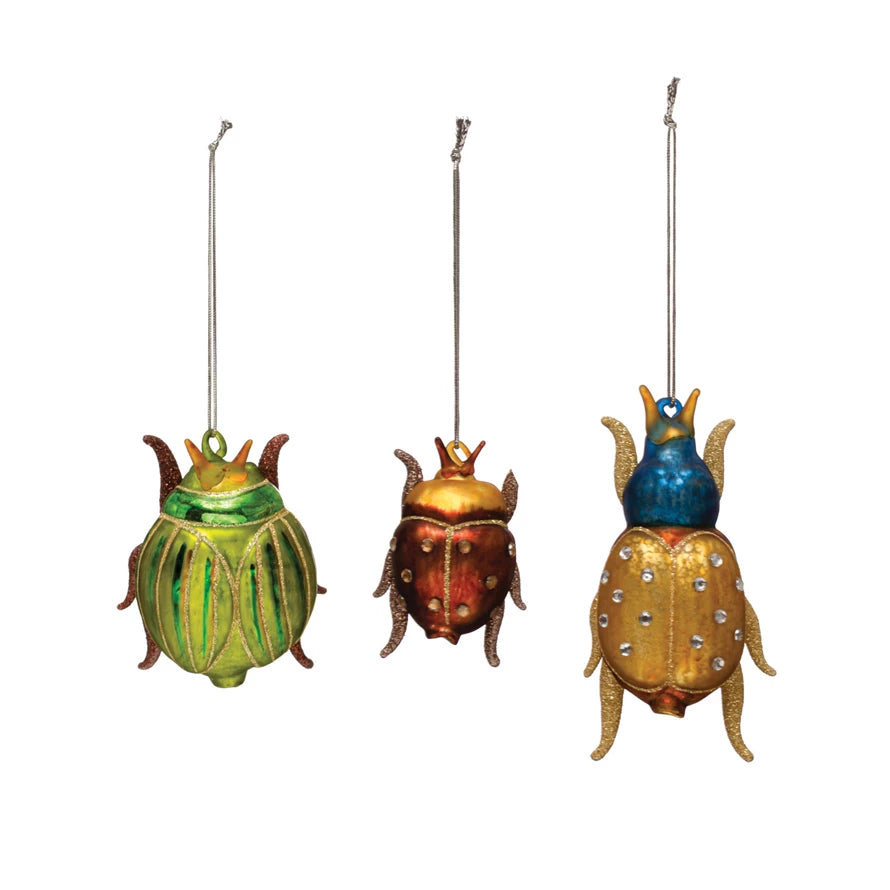 Hand-Painted Glass Beetle Ornament w/ Glitter & Gems