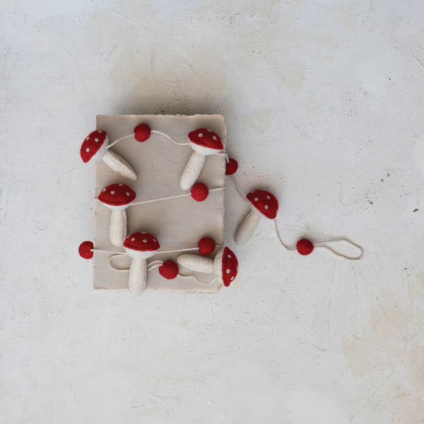 Wool Felt Mushrooms & Pom Poms Garland, Red & White