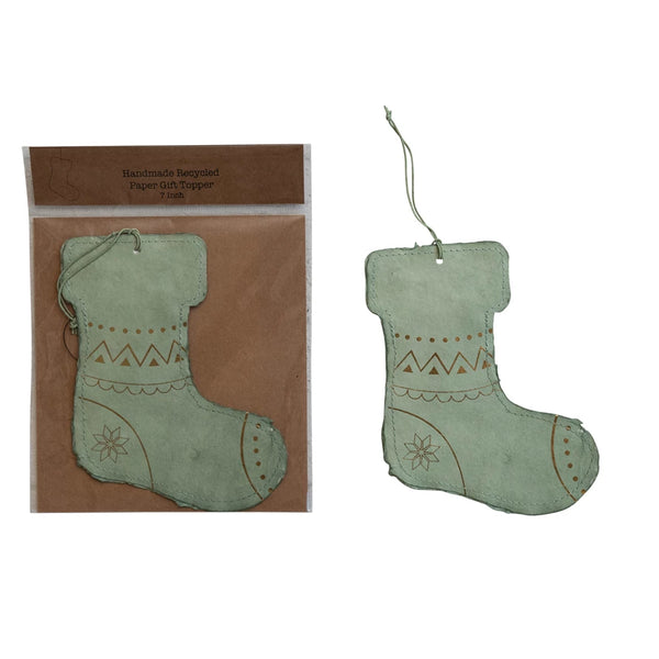 Handmade Recycled Paper Stocking Ornament/Gift Tag, Sage & Gold Color