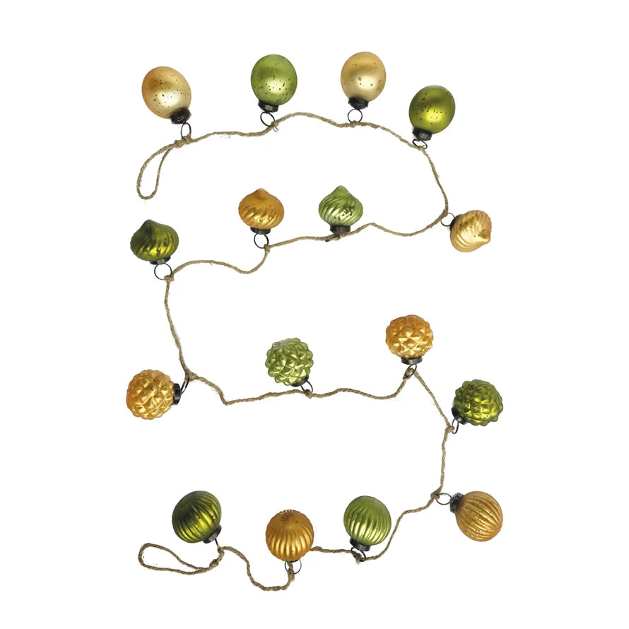 Embossed Recycled Glass Ornament Garland on Jute String, Green & Gold Finish