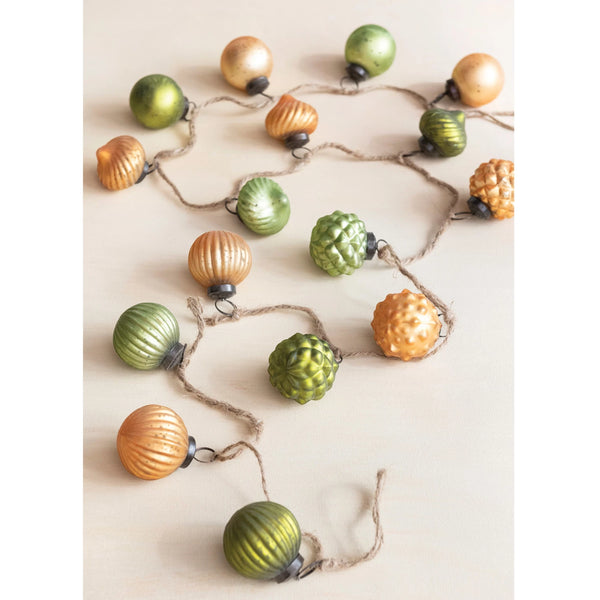 Embossed Recycled Glass Ornament Garland on Jute String, Green & Gold Finish