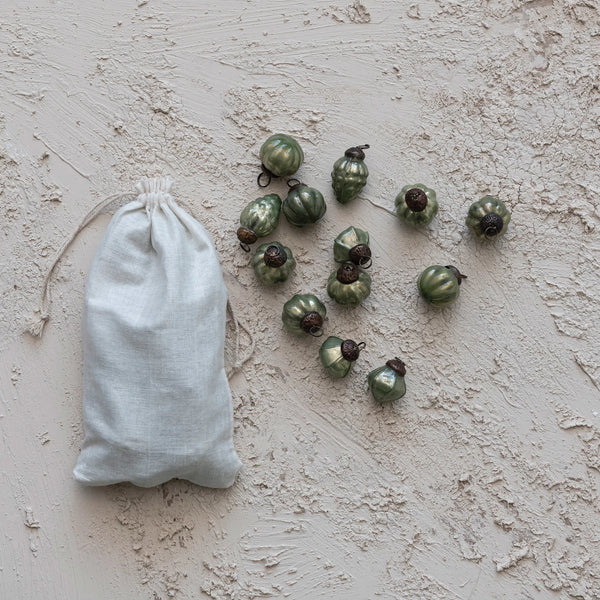 Embossed Recycled Mercury Glass Ornaments in Muslin Bag, Set of 36 | Green