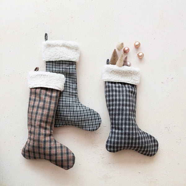 Woven Wool Blend Plaid Stocking w/ Sherpa Cuff, 3 Styles