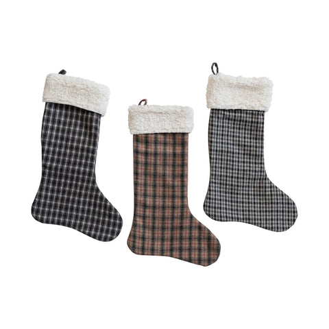 Woven Wool Blend Plaid Stocking w/ Sherpa Cuff, 3 Styles