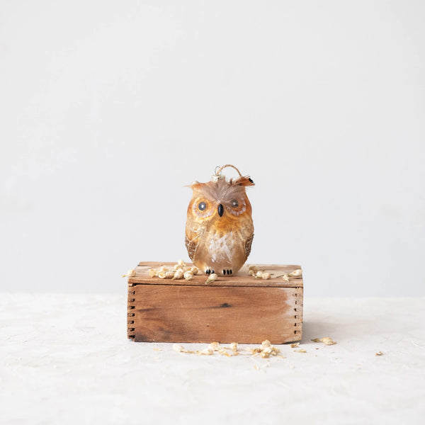 Glass Owl Ornament w/ Feathers