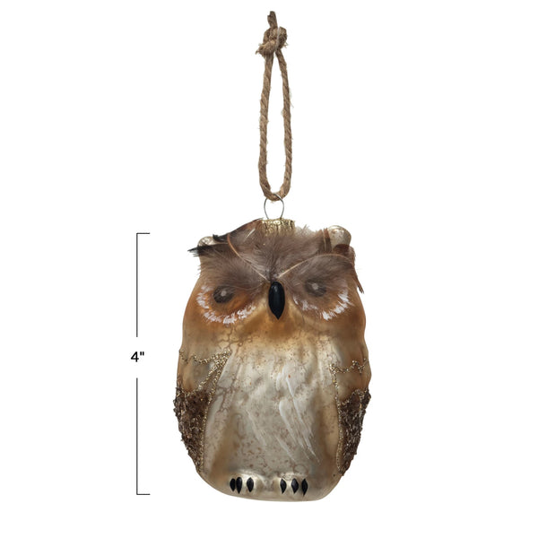 Glass Owl Ornament w/ Feathers