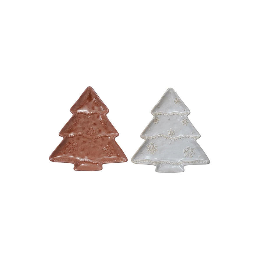 Stoneware Tree Shaped Plate with Snowflakes