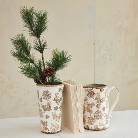 Stoneware Pitcher or Vase with Evergreen Boughs