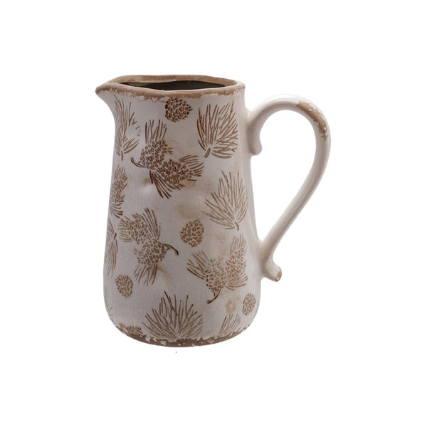Stoneware Pitcher or Vase with Evergreen Boughs