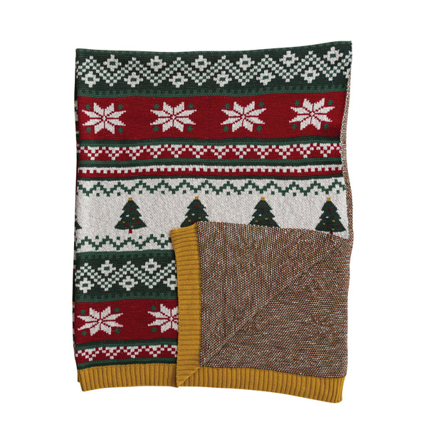 Cotton Knit Throw with Fair Isle Pattern