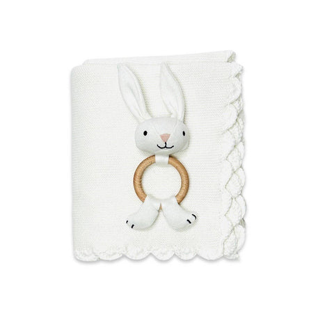 Scallop Edge Classic Knit Baby Blanket +  Rattle SET