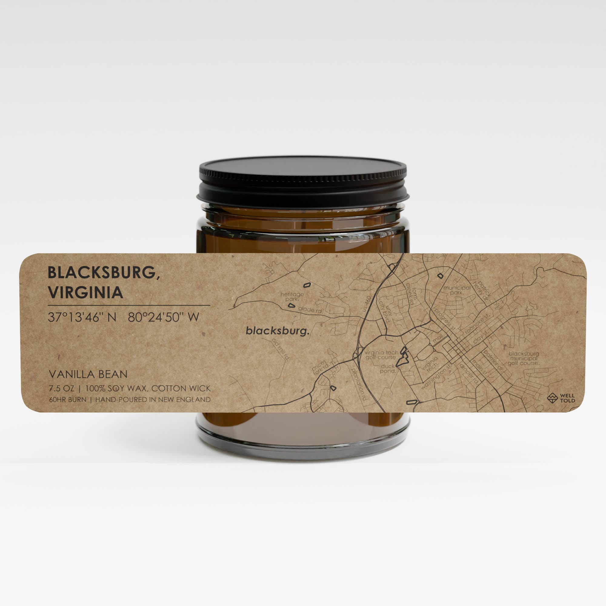 Blacksburg VA Map Candle - Amber Jar