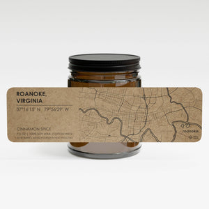 Roanoke VA Map Candle - Amber Jar