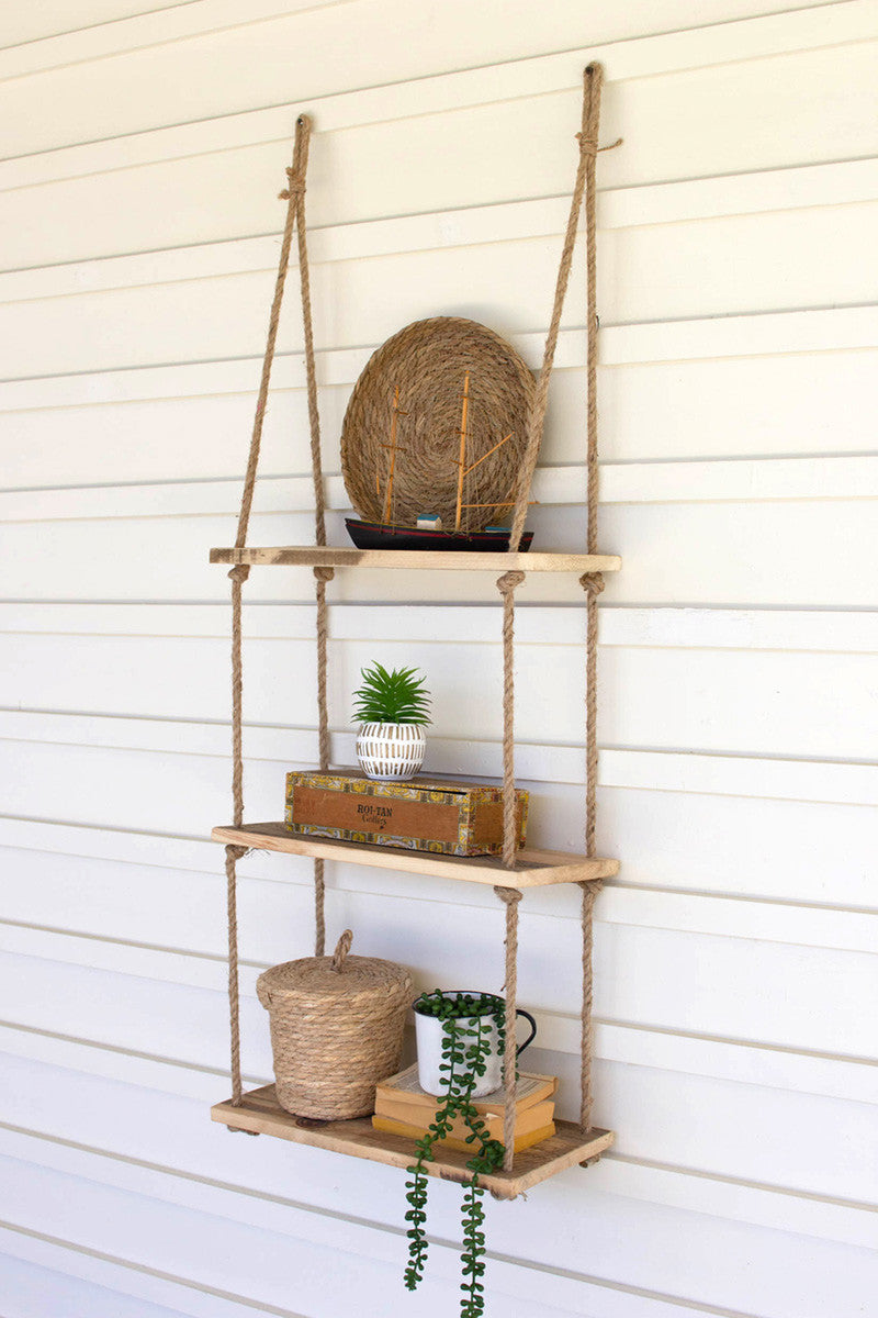 Three-tiered Wood and Rope Wall Shelf