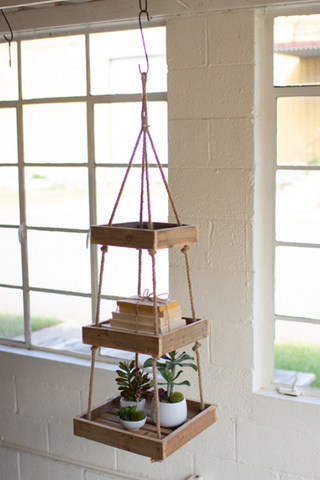 Three Tiered Square Recylcled Wood Display with Jute Rope