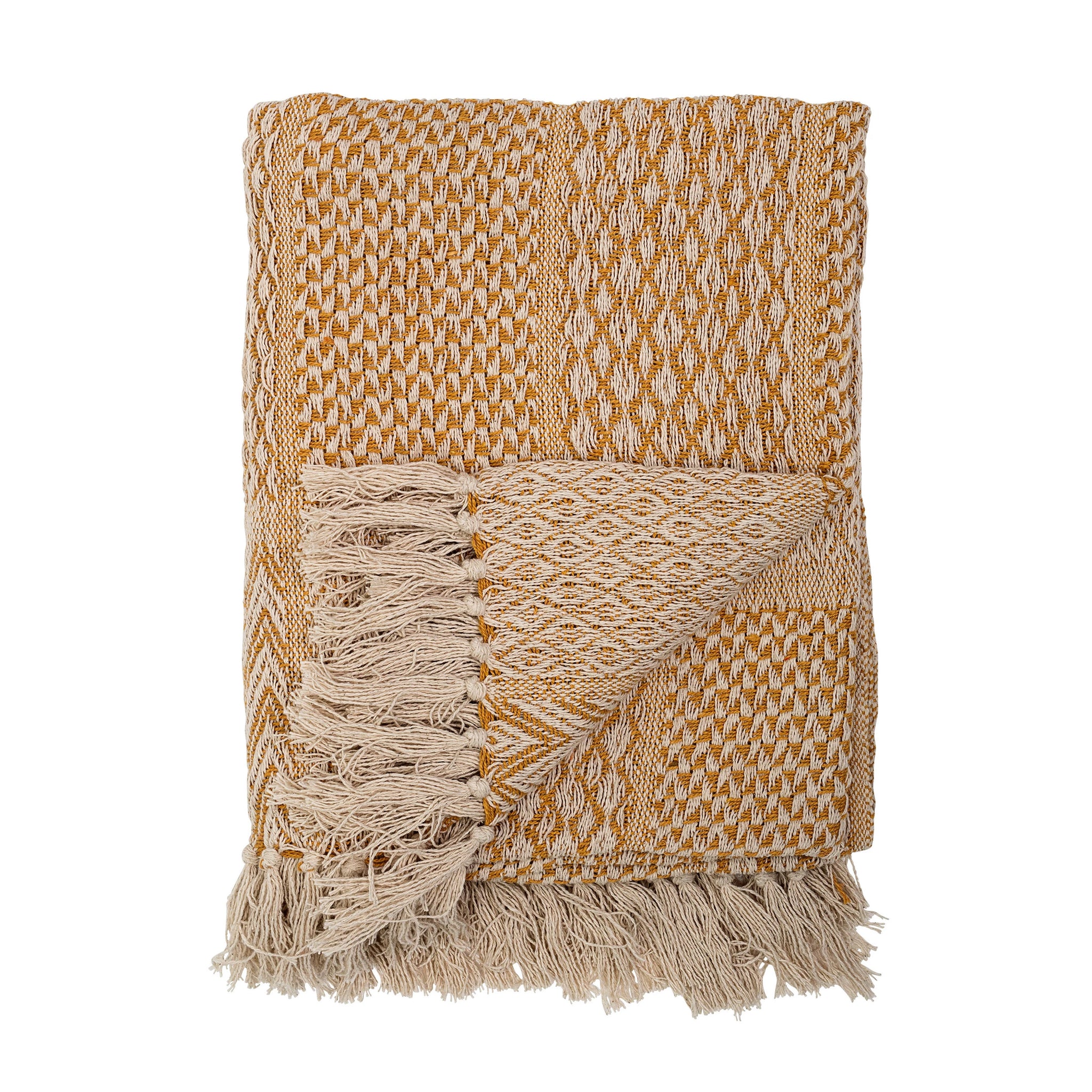 Mustard Yellow Multi-Patterned Knit Throw with Fringe