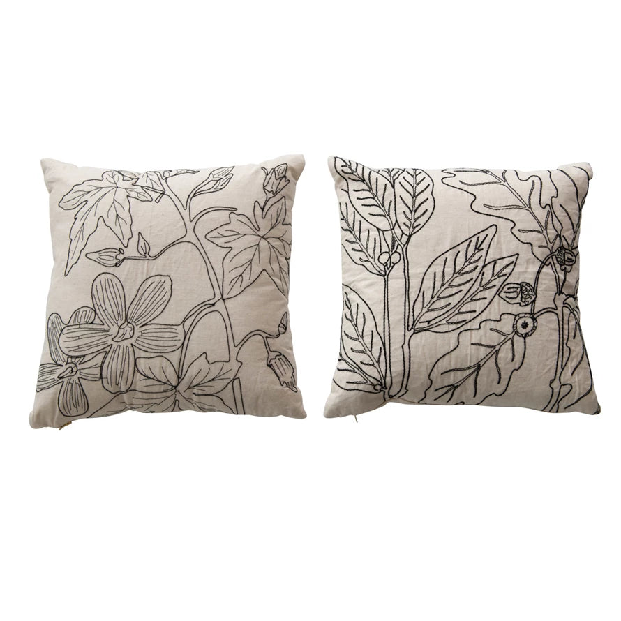 18" Cotton Pillow w/ Botanical Embroidery & Gold Zipper