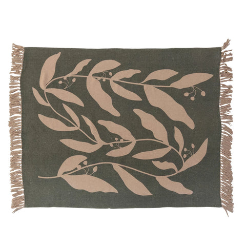 Recycled Cotton Blend Green Floral Throw w/ Fringe