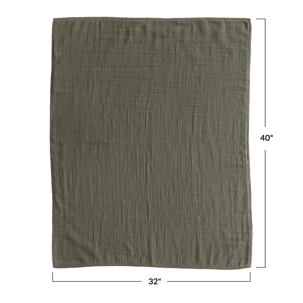 Cotton Double Cloth Olive Baby Blanket w/ Trim in Bag