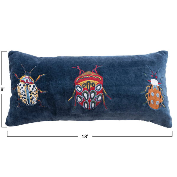 Velvet Embroidered Lumbar Pillow w/ Beetles