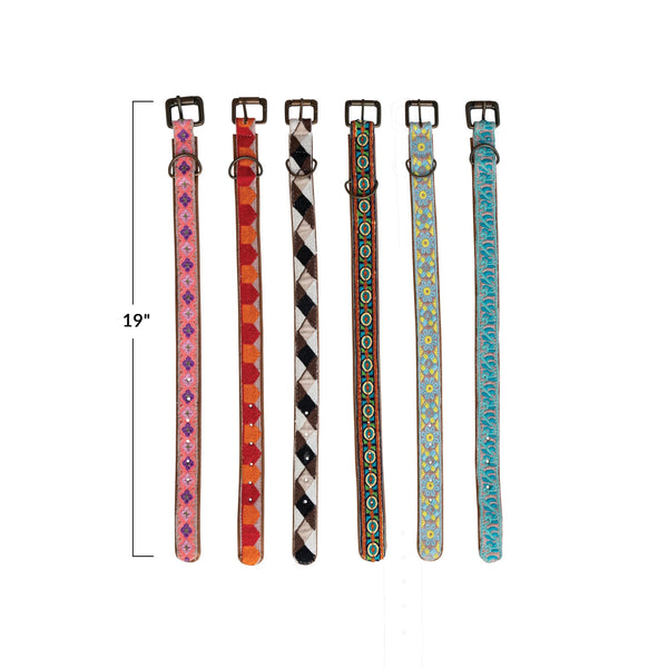 Cotton & Leather Dog Collar w/ Embroidery, 6 Styles